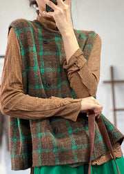 Casual Loose Coffee Green O Neck Plaid Knit Vest Sleeveless