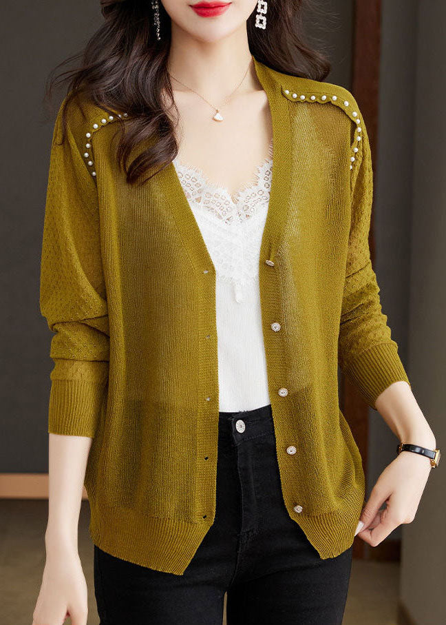 Casual Matcha Colour V Neck Nail Bead Button Ice Size Knit Cardigan Summer