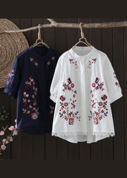 Casual Navy Embroidered Low High Design Cotton Blouse Top Summer