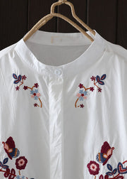 Casual Navy Embroidered Low High Design Cotton Blouse Top Summer