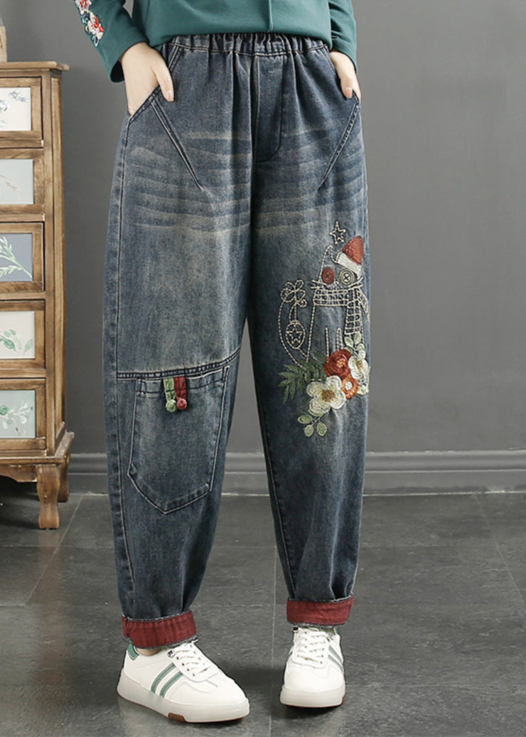 Casual Navy Embroidered Patchwork Denim Pants Spring