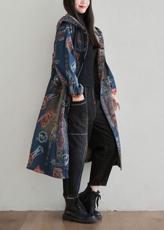 Casual Navy Hooded Patchwork Print Denim Cardigan Spring