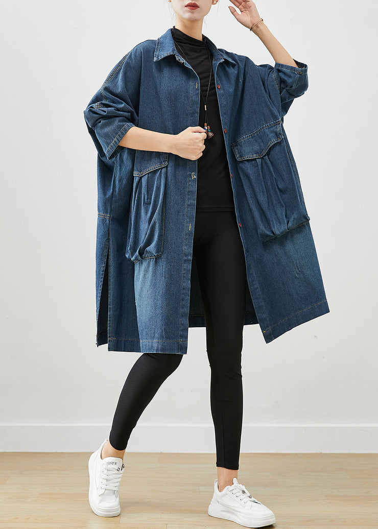 Casual Navy Oversized Big Pockets Denim Trench Fall