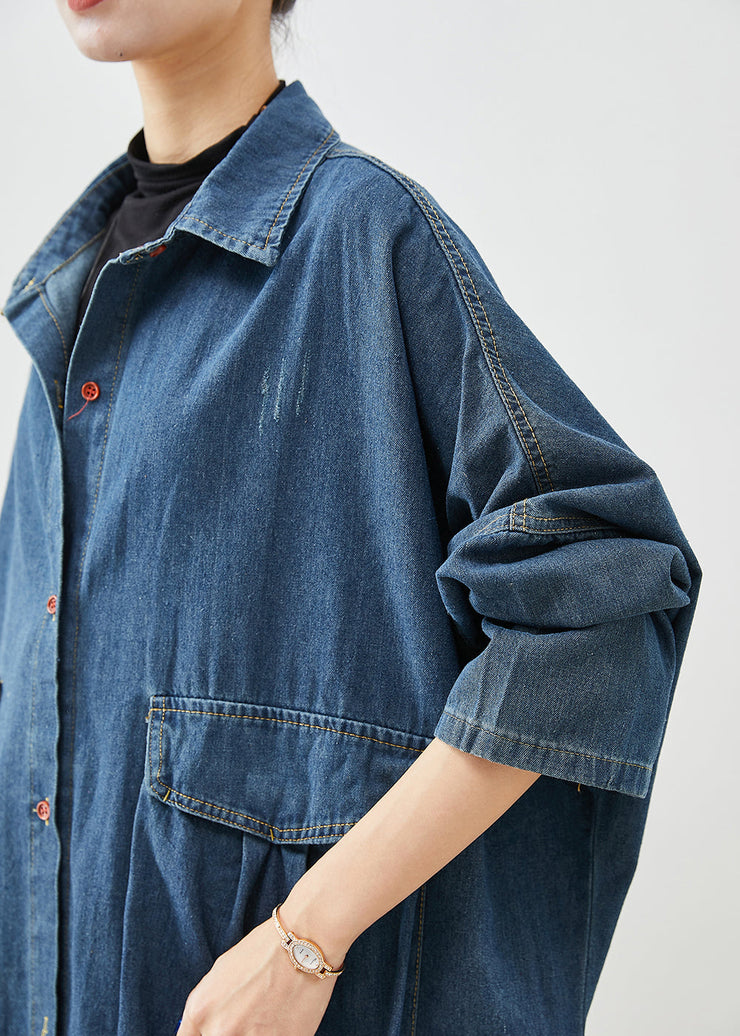 Casual Navy Oversized Big Pockets Denim Trench Fall