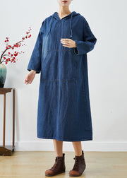 Casual Navy Oversized Hooded Denim Vacation Dresses Fall