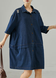 Casual Navy Oversized Patchwork Denim Ripped Dresses Summer