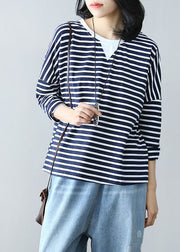 Casual Navy Oversized Patchwork Striped Cotton Top Spring