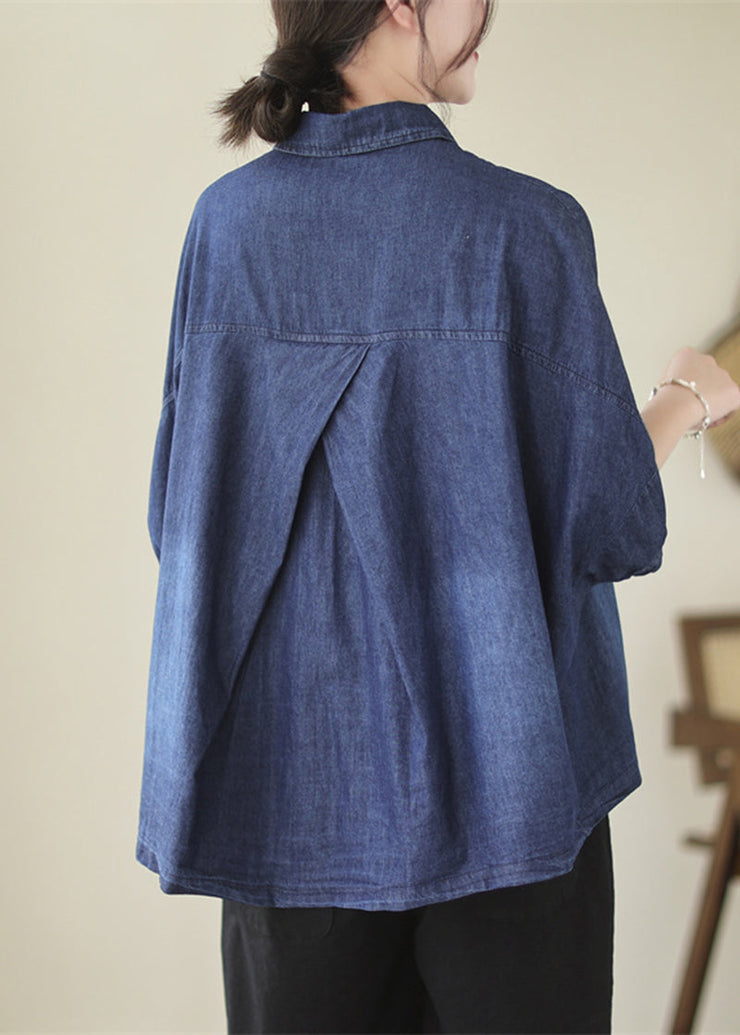 Casual Navy Oversized Washed Denim Blouses Batwing Sleeve