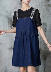 Casual Navy Patchwork Denim Fake Two Piece Dress Summer