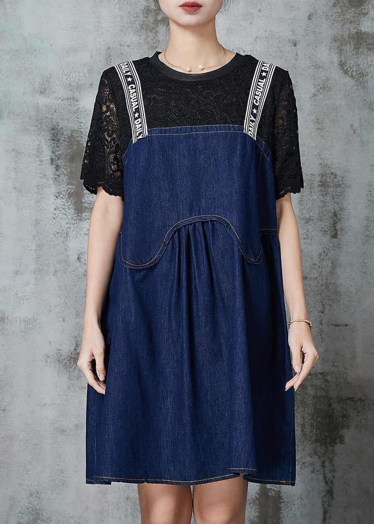 Casual Navy Patchwork Denim Fake Two Piece Dress Summer