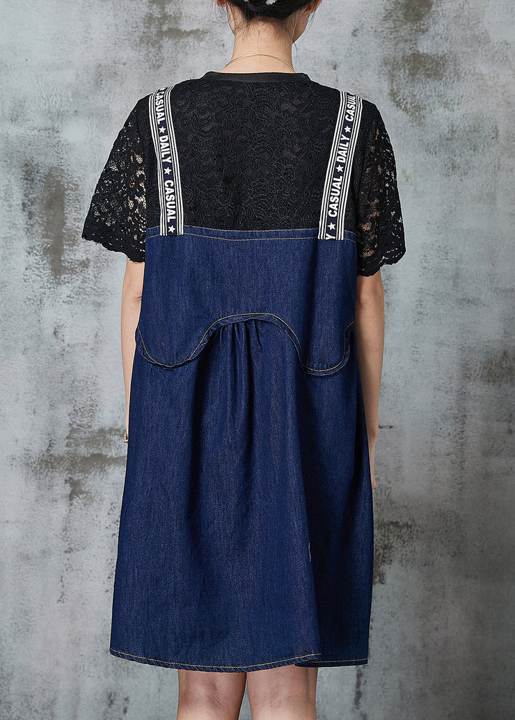 Casual Navy Patchwork Denim Fake Two Piece Dress Summer