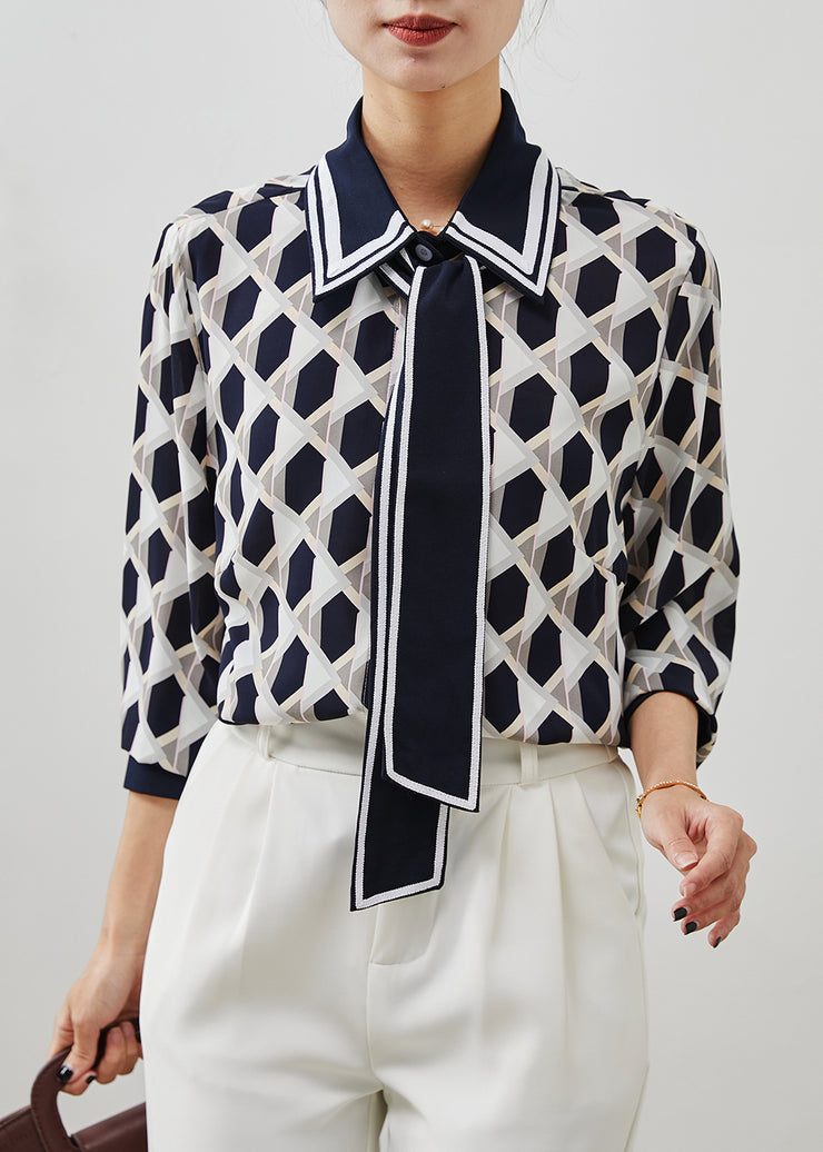 Casual Navy Peter Pan Collar Print Chiffon Blouses Summer