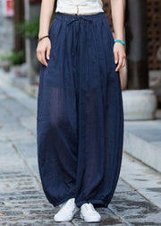 Casual Navy Pockets Elastic Waist Cotton Lantern Pants Summer