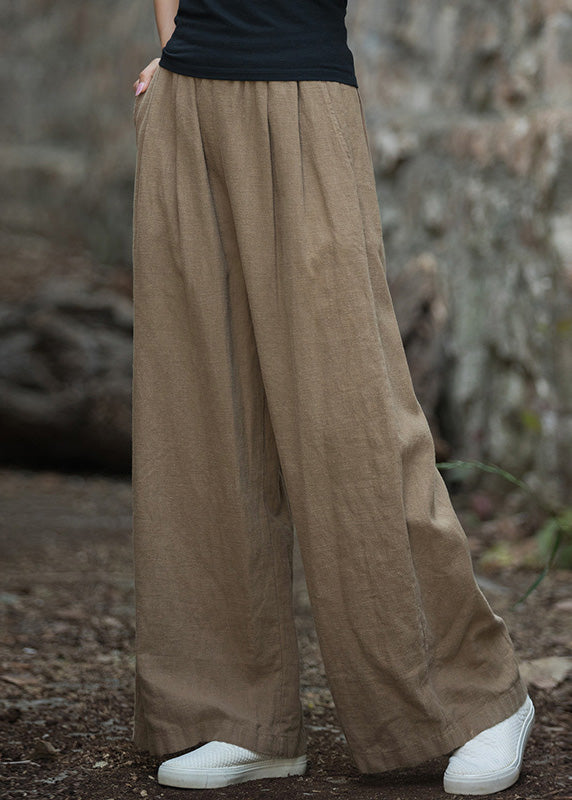 Casual Navy Pockets Elastic Waist Linen Wide Leg Pants Summer