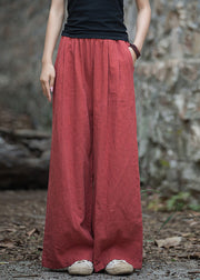 Casual Navy Pockets Elastic Waist Linen Wide Leg Pants Summer