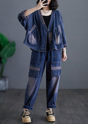 Casual Navy V Neck Patchwork Denim Coats And Harem Pants Two Pieces Sets Long Sleeve