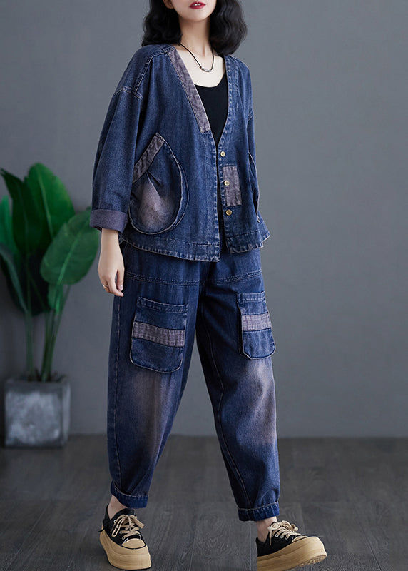 Casual Navy V Neck Patchwork Denim Coats And Harem Pants Two Pieces Sets Long Sleeve