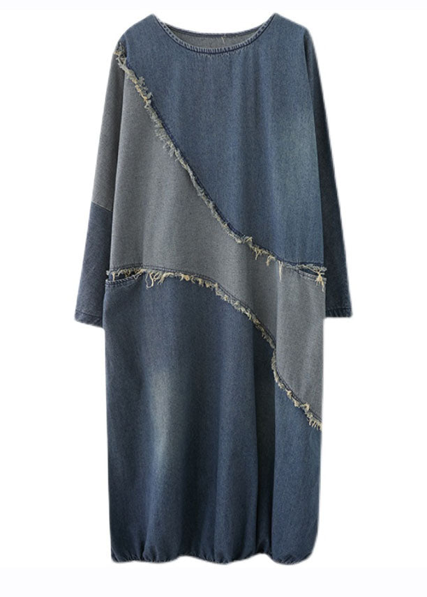 Casual O-Neck Drawstring Patchwork Denim Maxi Dresses Fall