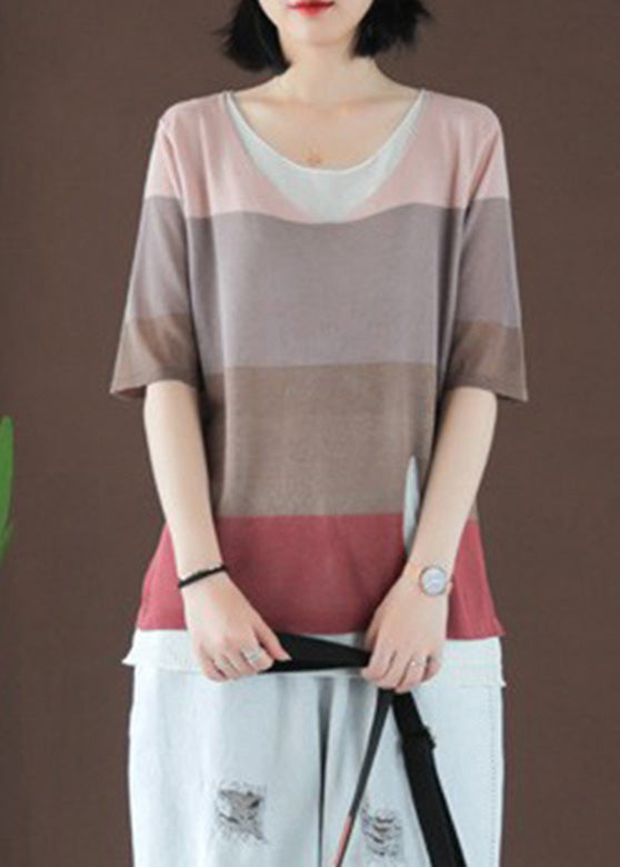 Casual O-Neck Striped Patchwork Ice Silk Top Short Sleeve