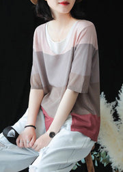 Casual O-Neck Striped Patchwork Ice Silk Top Short Sleeve