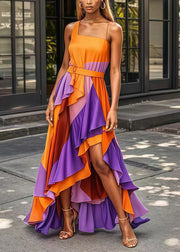 Casual Orange Asymmetrical Patchwork Exra Large Hem Silk Long Dress Summer