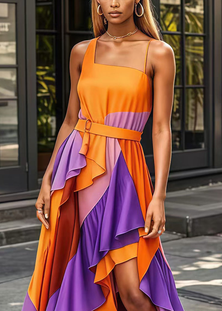 Casual Orange Asymmetrical Patchwork Exra Large Hem Silk Long Dress Summer