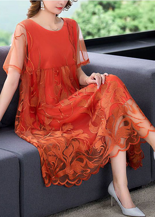 Casual Orange Embroideried Patchwork Tulle Long Dress Summer