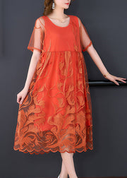 Casual Orange Embroideried Patchwork Tulle Long Dress Summer