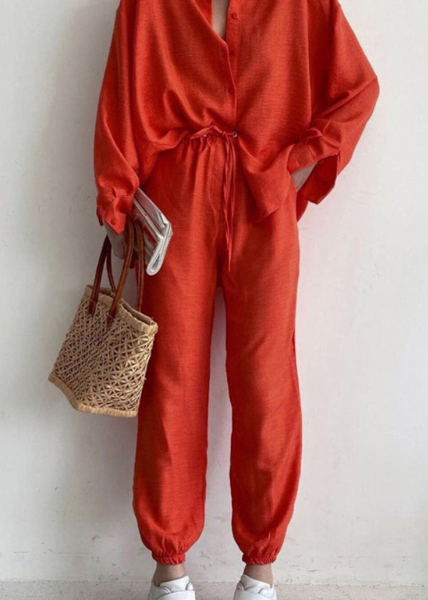 Casual Orange Lapel Button Long Sleeve Shirt Trousers Set