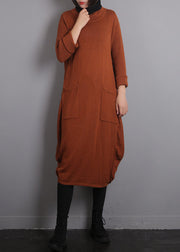 Casual Orange O-Neck Knit Cotton Thread Sweater Dress Fall