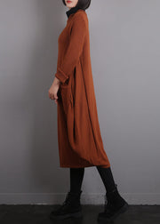 Casual Orange O-Neck Knit Cotton Thread Sweater Dress Fall