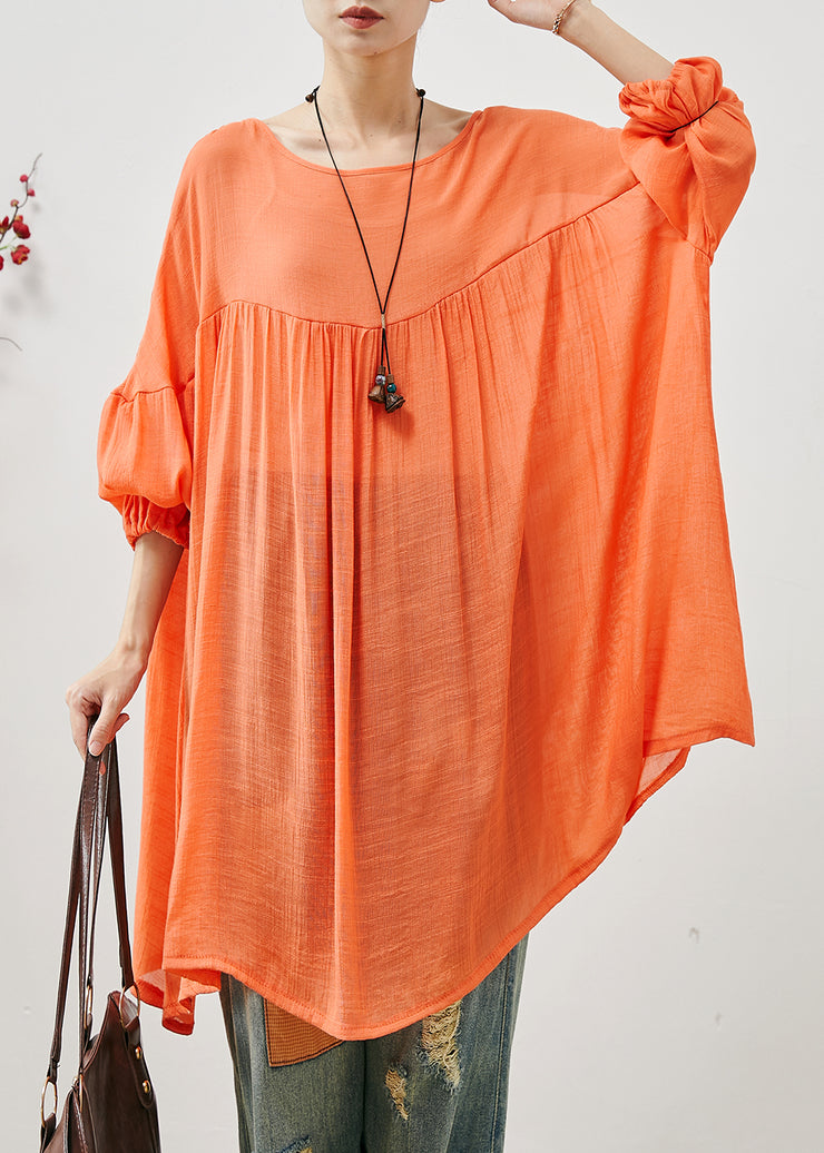 Casual Orange Oversized Lace Up Cotton Tops Fall