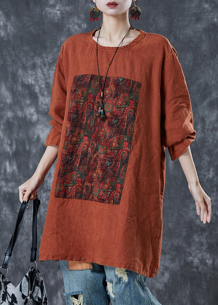 Casual Orange Oversized Print Linen Sweatshirt Fall