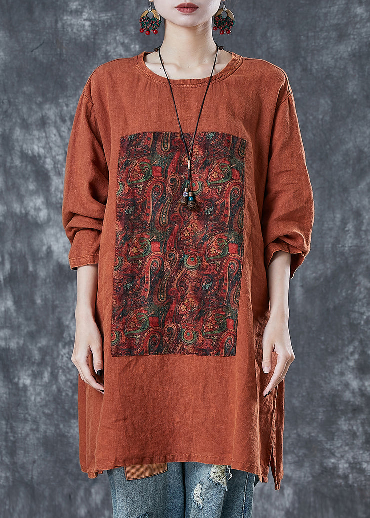 Casual Orange Oversized Print Linen Sweatshirt Fall