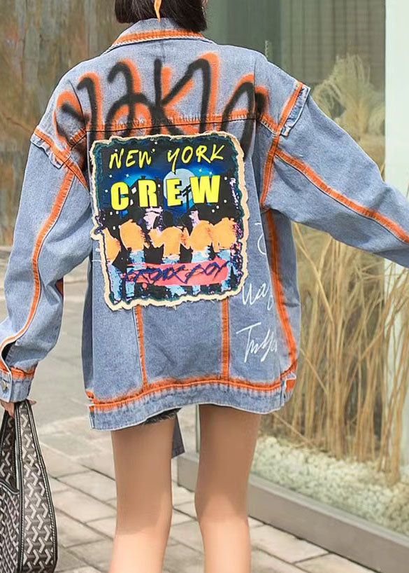 Casual Orange Peter Pan Collar Pockets Graphic Patchwork Denim Coat Spring