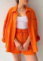 Casual Orange Peter Pan Collar Shirts Vests And Shorts Three Pieces Set Long Sleeve