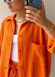 Casual Orange Peter Pan Collar Shirts Vests And Shorts Three Pieces Set Long Sleeve