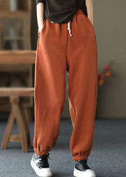 Casual Orange Pockets Elastic Waist Warm Fleece Pants Spring