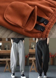 Casual Orange Pockets Elastic Waist Warm Fleece Pants Spring