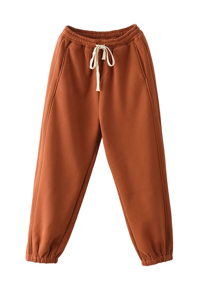 Casual Orange Pockets Elastic Waist Warm Fleece Pants Spring