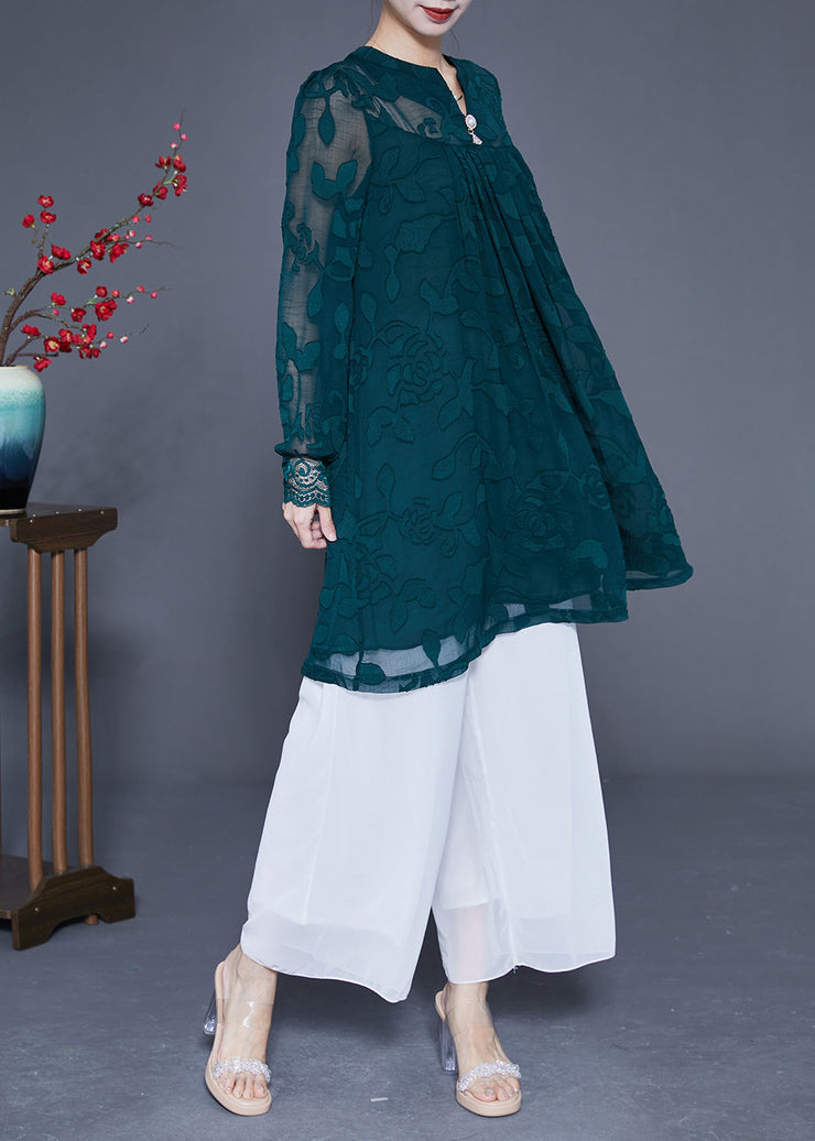 Casual Peacock Green Jacquard Hollow Out Tulle Dress Long Sleeve