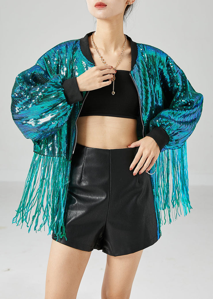 Casual Peacock Green Tasseled Sequins Jackets Summer