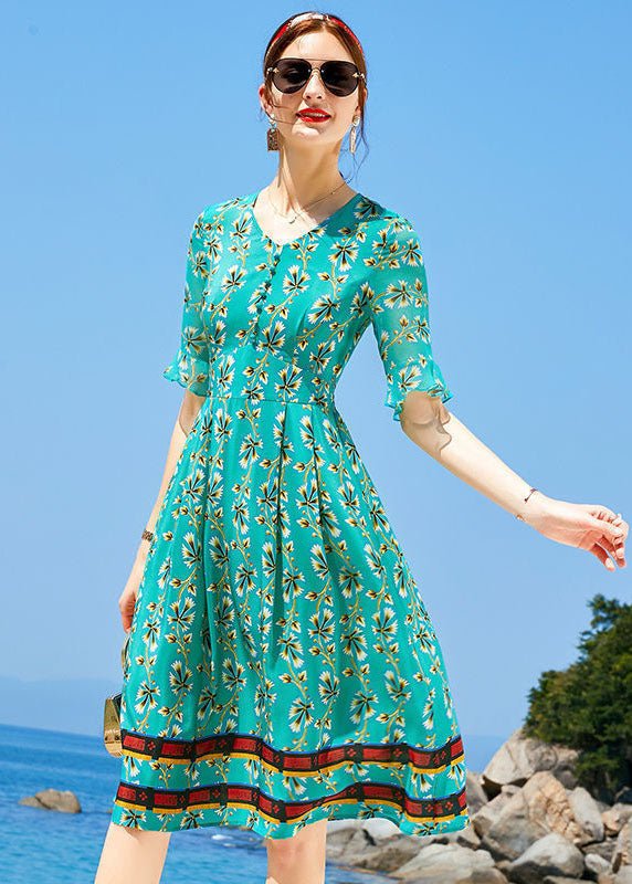 Casual Peacock Green V Neck Print Elastic Waist Silk Dress Short Sleeve