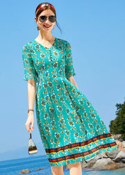 Casual Peacock Green V Neck Print Elastic Waist Silk Dress Short Sleeve