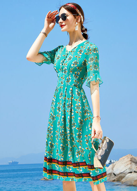 Casual Peacock Green V Neck Print Elastic Waist Silk Dress Short Sleeve