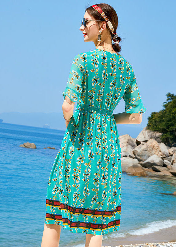 Casual Peacock Green V Neck Print Elastic Waist Silk Dress Short Sleeve