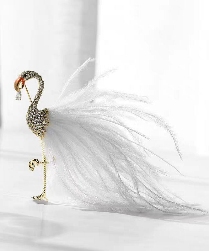 Casual Pink Alloy Inlaid Zircon Flamingo Feather Brooches