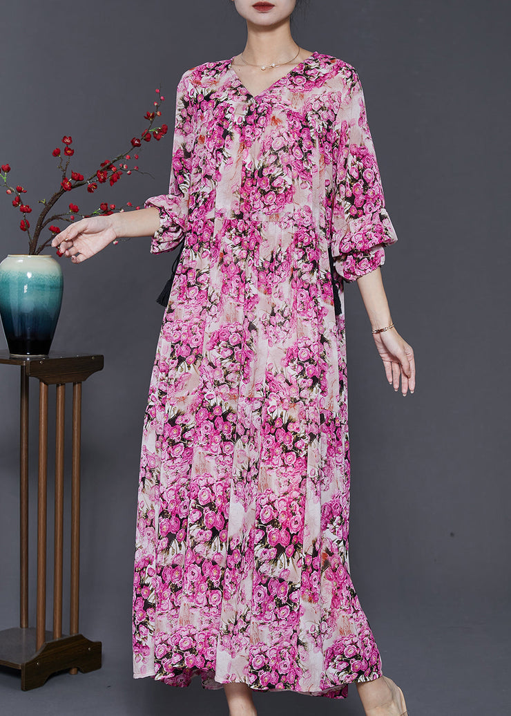 Casual Pink Cinched Print Chiffon Robe Dresses Spring