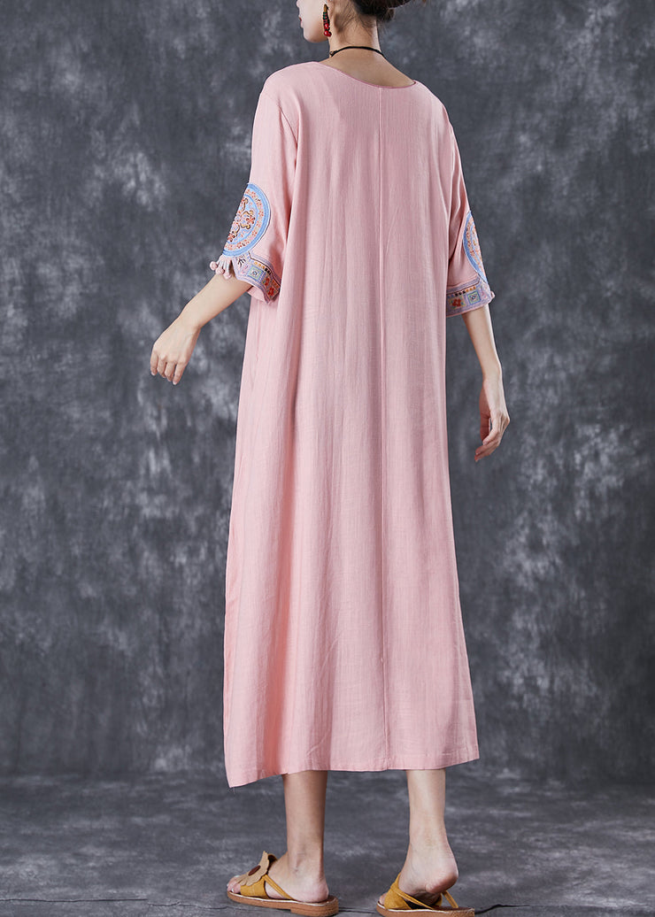 Casual Pink Embroideried Linen A Line Dress Half Sleeve