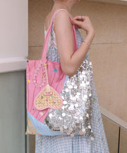 Casual Pink Embroideried Sequins Cotton Satchel Handbag